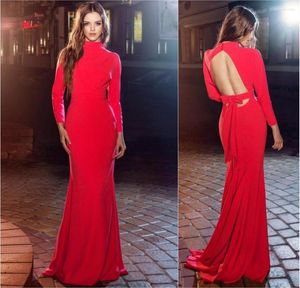 Party Dresses Red Evening 2023 High Neck Hollow Back Long Sleeve Mermaid Prom Dress Satin Sexig cocktailklänningar