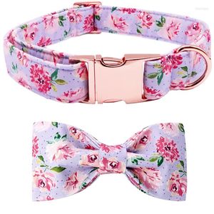 Dog Collars Unique Style Paws Cotton Collar With Bow Tie Purple Peony Flower For Large Medium Small
