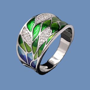 Anéis de banda elegante estilo boêmio 925 prata verde esmalte folhas damas anel de zircão embutido anel de jóias de jóias de moda para mulheres G230213