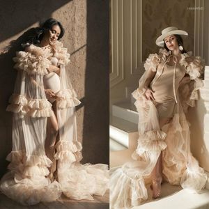 Wraps Illusion Tiereds Ruffles Tulle Long Sleeve Plus Size Kimono Pregnant Party Sleepwear Women Bathrobe Sheer Nightgown Robe