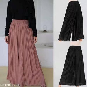 Ethnic Clothing Wide Leg Pants Loose Chiffon Boho Female European Style Pleated Women Length Pant Elastic Waist Trousers Plus Size