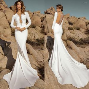 Свадебное платье Satin Mermaid Plorges Sexy V Seck Beading Beading Seading Searn Sweep Train Bridal Howns vestidos de 0516