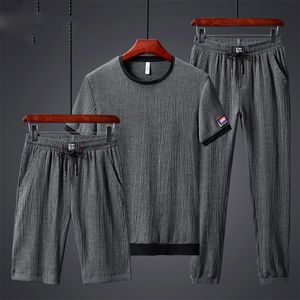 Herrspårar Mens 3 -stycke Fashion Sports Suit Running Tights Kläder Ice Silk Gym Outfit Jogging Polyester Sweat Suits Track Suit Men 230215