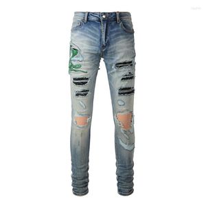 Jeans da uomo High Street Trendy Brand Ricamati Grandi fori Lavati Old Slim Fit Piccoli piedi Pantaloni da uomo di colore chiaro Matita Jean