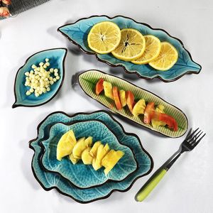 Plates Lake Blue 10 Inch Creative Ceramic Leaf Fruit Sushi Salad Plate Long Square Dish Lotus Large Practical Snack