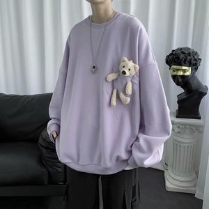 Męskie bluzy z kapturem Bluzy w stylu Hong Kong Jesień i zima Polar Niedźwiedź Sweter Luźny Okrągły dekolt Trend Wersja koreańska Kreskówka To