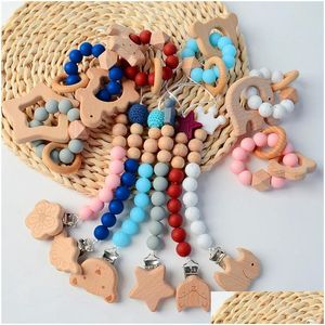 Portaciuccio Clips # Baby Clip Massaggiagengive in legno Sile Beads Bracciale Toddler Infant Animal Dinosaur Star Flower Elephant Nipple Clip Dhtdc