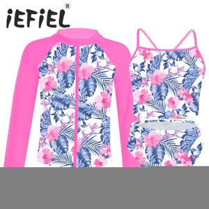 Children's Swimwear 3Pcs Kids Girls Swimsuit Sets Sleeveless Tops with Briefs and Long Sleeves Front Zipper Coat Set Beach Swimwear Bathing Suits 230215