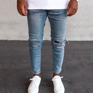 Jeans masculinos joelhos buracos calças slim fit casual calças com zíper 2023 primavera luz azul roupas para homem