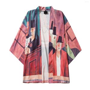 Men's T Shirts Men's Cover Up Casual Loose Print Open 3/4 Japanese Cardigan Sleeve Front Korean Fashion Art 3d Digital Retro