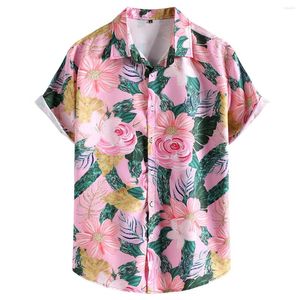Mäns casual skjortor rosa blommor tryck hawaiian blommig skjorta män 2023 märke kort ärmknapp upp sommarstrandparti kemis homme