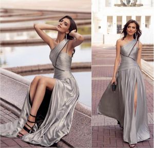 Party Dresses Silver Cocktail Silk Satin One Shoulder Ruffles A Line Prom Dress High Split Custom Made Elegant Evening Gowns