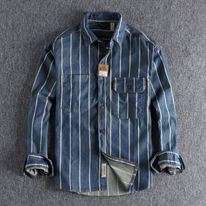 Camisas casuais masculas outono tecido listrado listrado usada camisa jeans masculino estilo de trabalho americano retro tendência juvenil 230214