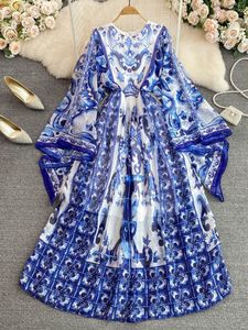 Vestidos casuais verão boêmio azul e branco porcelana impressão chiffon vestido mulheres roupas o pescoço flare manga grande balanço maxi vestidos 230215