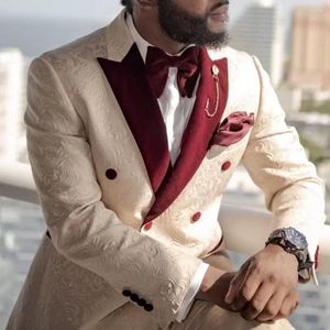 Ternos masculinos Tuxedos de casamento de luxo Conjunto masculino Jaqueta de blazer lapela vermelha com calças de moda de moda