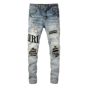 Мужские джинсы High Street Black Etching Flocking Letter Denim Denim Motorcycle Bants Murdy Hip Hop Hole Men