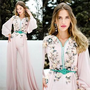 Party Dresses Jumpsuits With Long Train Prom V Neck 3D Floral Appliques Sleeve Evening Gowns Arabic Pant Suit