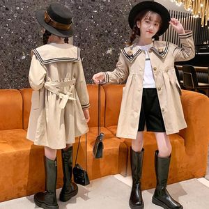 Cappotto adorabile trench con colletto blu scuro, abito da giacca a vento, capispalla per bambini, vestiti per neonate con cintura