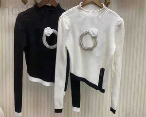 Kobiety Sweters Designerski sweter Sweter Nieregularny kwiat inkrustowany diamentowy skoczka mozaika Kolor Kolor Dzianin Letggingi Kobiet Knitwear Black White MX55