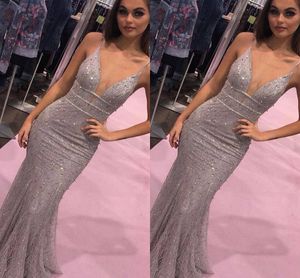 Sexig gr￥ examen Evening Dress V Neck Spaghetti Straps Mermaid Sekvenserade l￥nga prom Formella kl￤nningar Robe de Soiree 2023 Vestidos Feast