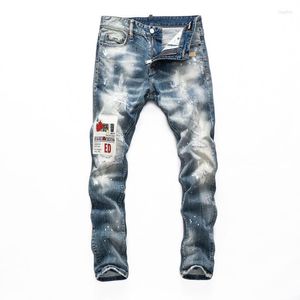 Men's Jeans Retro Washed Old Splashed Ink Paint Dots Holes Stickers Patch Letter Printing Men'S Small Feet Denim Trendy Trousers