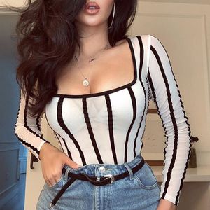 Women s T Shirt High Street White Scoop Neck Mesh Sheer Striped Long Sleeve Romper Body Fishnet Top Fashion See through Jumpsuits Outfits 230215