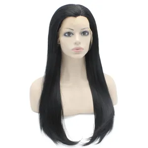 24" Long #1 Black Wig Silky Straight Heat Friendly Synthetic Hair Lace Front Wig