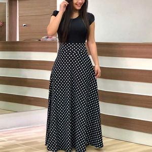 Sıradan elbiseler kadınlar polka dot baskı patchwork uzun elbise yaz gündelik kısa kol o boyun robe boho plaj maxi sundress vintage t230210