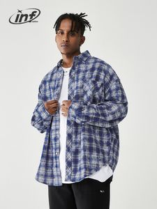 Mens Casual Shirts INFLATION Brushed Check Men Blue Plaid Long Sleeve Oversized Male Plus Size 230214