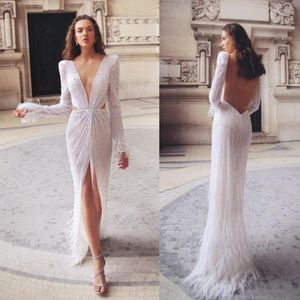Wedding Dress Luxury Feather Mermaid Dresses Deep V Neck Beads Long Sleeve Front Split Cathedral Vestidos De Novia