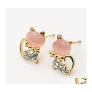 Stud Cute Earrings Pretty Fashion Kitten Temperament Rhinestone Sweet Opal Cat Bowknot Channel Drop Delivery Jewelry Dhmkn