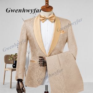 Męskie garnitury Blazers Gwenhwyfar Męskie garnitury ślubne włoski design niestandardowy szampan palenie smoking kurtka 2 -częściowa pary młody terno garnitury dla mężczyzn 230215