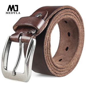 Bälten Medyla Men Top Layer Leather Casual Belt Belt Vintage Design Pin Buckle äkta läderbälten för män Original Cowhide 230214