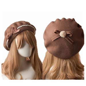 BeanieSkull Caps Fashion Japanese JK Lolita Beret Hat for Women Girls Wool Kawaii Bowknot Felt Beanie Cap Winter Warm Hats 230215