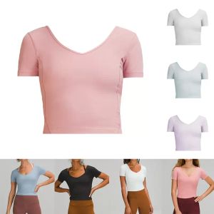 2023 Vacker back Yoga T-skjorta kl￤der justera kvinnors fast f￤rg enkelhet sport kort￤rmad sexig t￤t passande kort t-shirt v-hals avantgarde trend