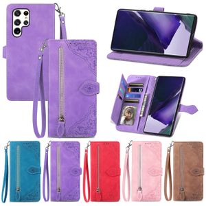 Wallet Phone Cases for Samsung Galaxy S23 S22 S21 S20 Note20 Ultra Plus Solid Color Flower Embossing PU Leather Flip Stand Cover Case with Zipper Coin Purse