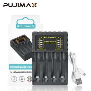 PUJIMAX Elektrisches Batterieladegerät mit 4 Steckplätzen, intelligentes, schnelles USB-Ladegerät mit LED-Anzeige für AA/AAA Ni-MH/Ni-Cd-Akkus