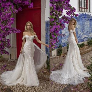 Hochzeitskleid 2023 Meerjungfrau-Kleider mit abnehmbarer Schleppe, schulterfrei, rückenfrei, Brautkleider, Sweep-Applikationen, Strand