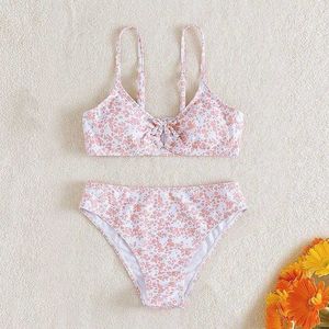 Barn V Neck Loop Två stycken Split Bikini Girls Middle Children Floral High