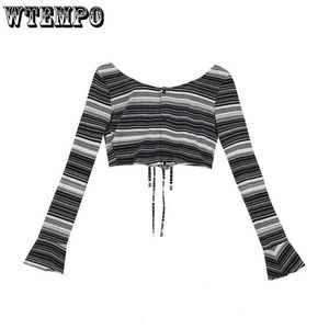 Koszulka damska Y2K TOP T-shirt Krótki szczupły top długie rękawy Czarno-białe paski Nieregularne paski swetrów Odwrotna kropla 230215