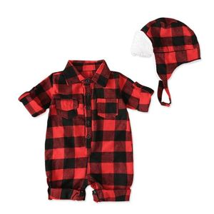 Kläder sätter hösten baby pojkar röd rutig långärmad bomullsrummor hatt mode gentleman jumpers spädbarn overall nyfödda kläder 9 dh5rq