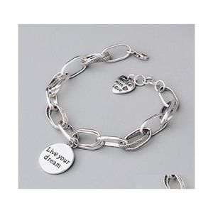 L￤nkkedja 925 Sterling Sier Love Heart Armband Retro Thai Tjock Round Live Your Dream Letter Drop Delivery Smycken Armband DHQPY