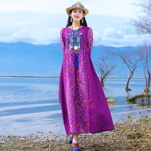 Casual klänningar vintage etnisk stil tryck broderad långärmad kvinnor klär lila blommig mantel vestidos de mujer plus storlek 5xl klädcasu