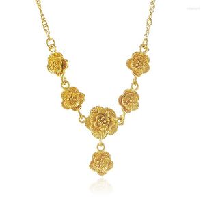 Kedjor lyxiga smycken guld färg vatten våg kedja halsband kvinnor märke 24k rosblomma hänge gåva