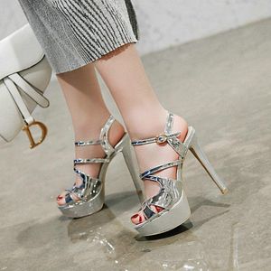 Sandals Gold Silver Platform Fin Heel High Women Moda Fivela Open Toe Shoes Pu Couro Partido Grande Tamanho 43