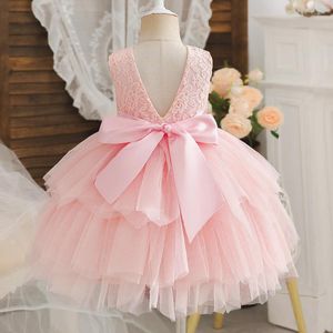 Vestidos de menina 24m vestido de flor de renda rosa bebê para casamento infantil de 1 festa de aniversário roupas de batismo