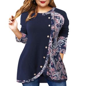 Women's Plus Size T-Shirt Spring Autumn Vintage Print Button Plus Size T-shirt Female Clothing Long Sleeve Fashion Peplum Tops Oversized TunicsT-shirt 5XL 230215