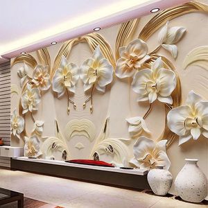 Bakgrunder Anpassad självhäftande tapet 3D Relief Butterfly Orchid Bakgrund Muralet vardagsrum TV SOFA Klassisk heminredning Vattentät