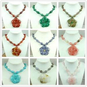 Pendant Necklaces Wholesale Fashion Beautiful Natural Carved Stone Flower Gem Necklace Jewellery Making