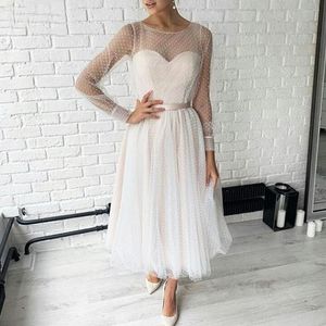 Party Dresses Ivory Prom Dot Tulle A Line Elegant Dress Long Sleeves Short Gown Sweetheart Bead Belt Evening Plus Size